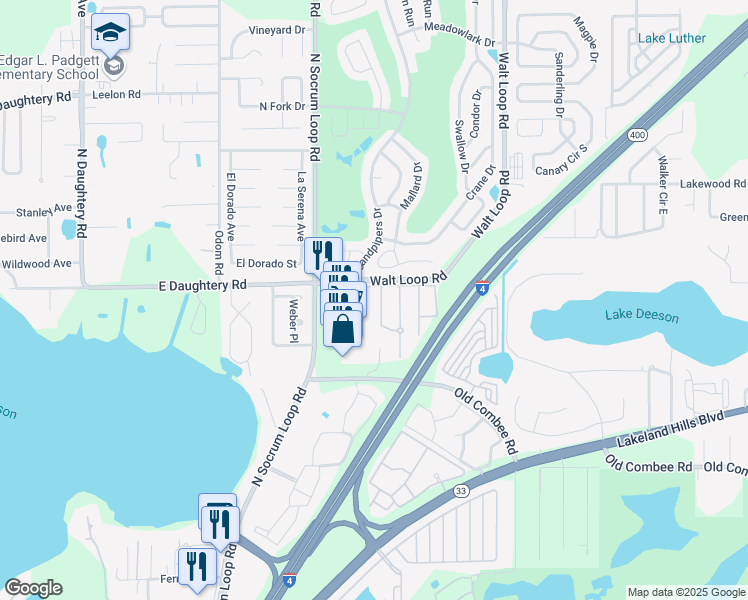 map of restaurants, bars, coffee shops, grocery stores, and more near 5466 Limestone Lane in Lakeland