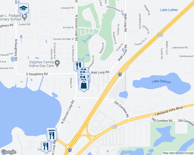 map of restaurants, bars, coffee shops, grocery stores, and more near 5444 River Rock Road in Lakeland