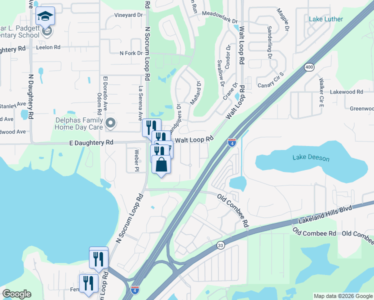 map of restaurants, bars, coffee shops, grocery stores, and more near 5453 Limestone Lane in Lakeland