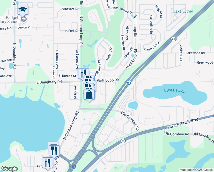 map of restaurants, bars, coffee shops, grocery stores, and more near 5431 River Rock Road in Lakeland