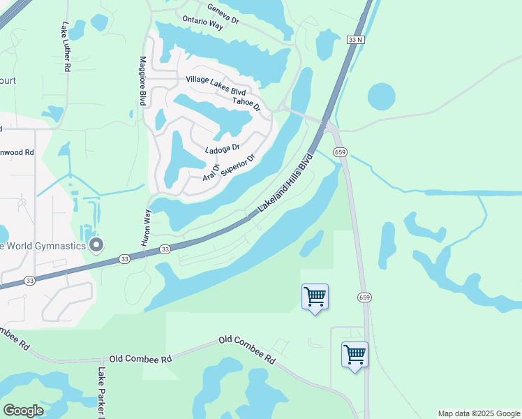 map of restaurants, bars, coffee shops, grocery stores, and more near 5716 Lakeland Hills Boulevard in Lakeland