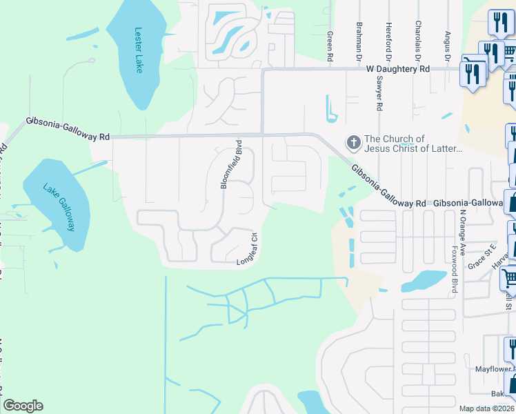 map of restaurants, bars, coffee shops, grocery stores, and more near 2129 Rainbower Drive in Lakeland