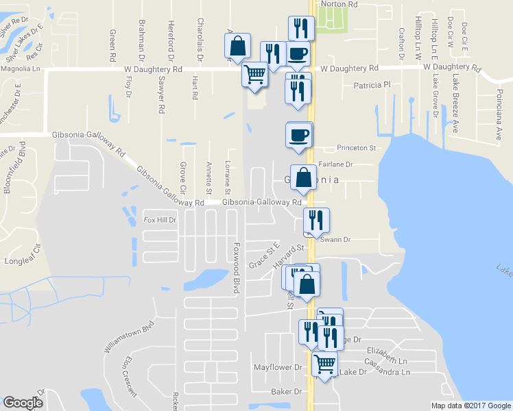 map of restaurants, bars, coffee shops, grocery stores, and more near 1420 Gibsonia-Galloway Road in Lakeland