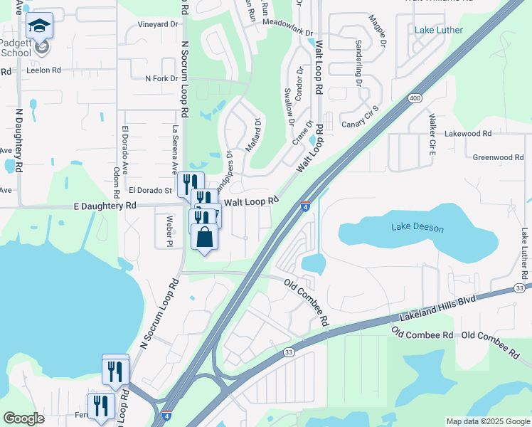 map of restaurants, bars, coffee shops, grocery stores, and more near 5456 Fieldstone Drive in Lakeland