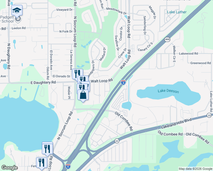map of restaurants, bars, coffee shops, grocery stores, and more near 5417 Quarry Rock Road in Lakeland