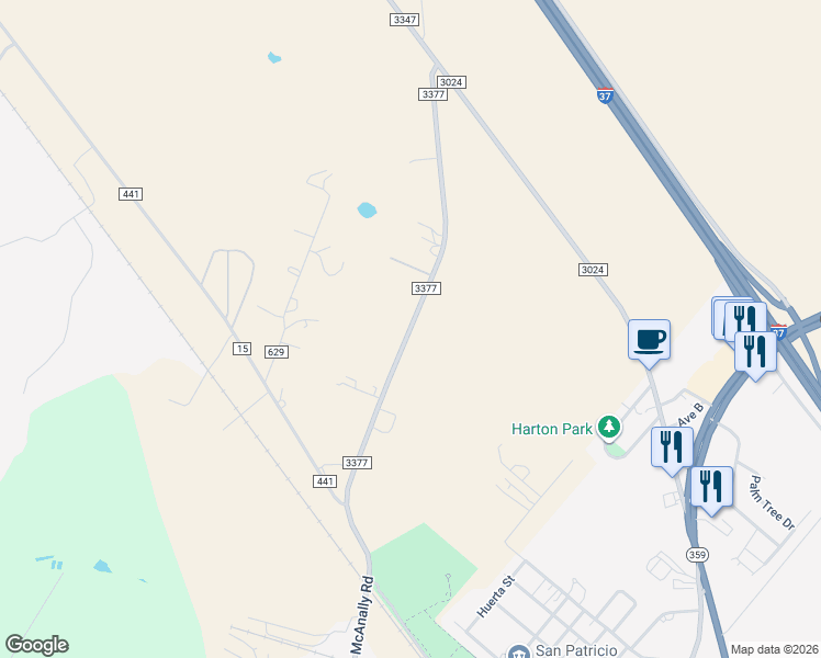 map of restaurants, bars, coffee shops, grocery stores, and more near 10043 Farm to Market 3377 in Mathis