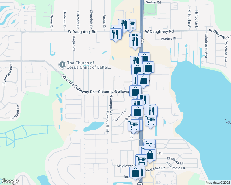 map of restaurants, bars, coffee shops, grocery stores, and more near 1422 Gibsonia-Galloway Road in Lakeland