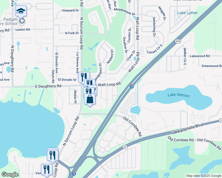 map of restaurants, bars, coffee shops, grocery stores, and more near 5417 Quarry Rock Road in Lakeland