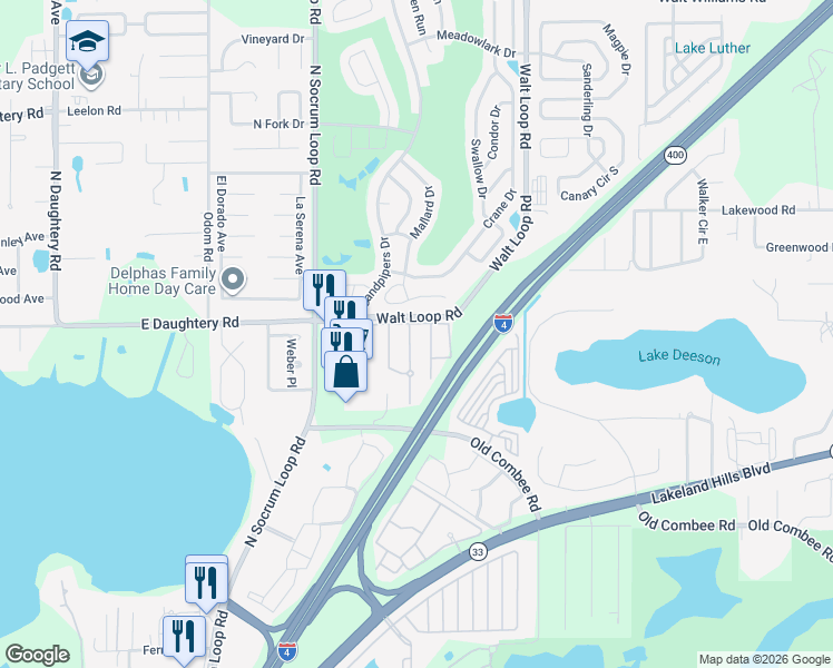 map of restaurants, bars, coffee shops, grocery stores, and more near 5417 Quarry Rock Road in Lakeland