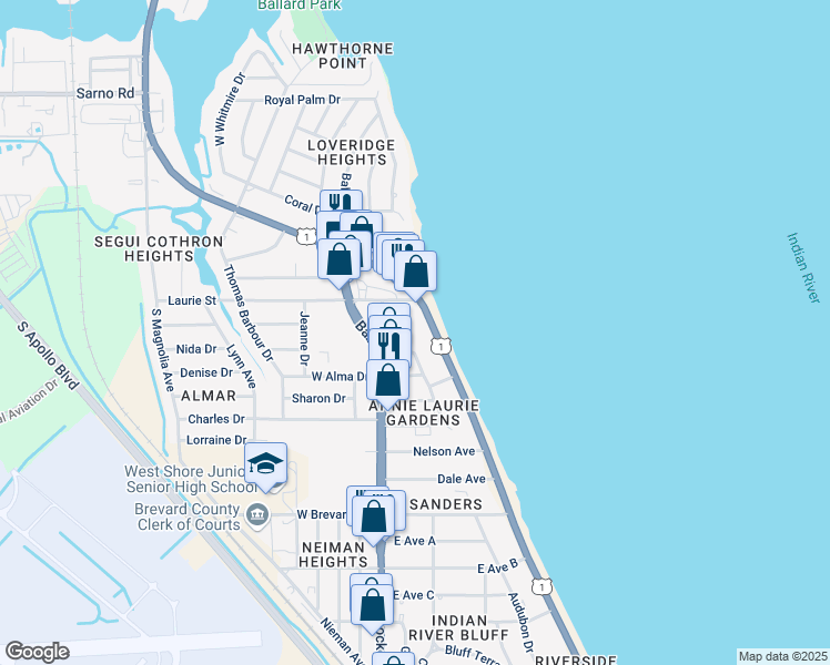 map of restaurants, bars, coffee shops, grocery stores, and more near 376 North Harbor City Boulevard in Melbourne