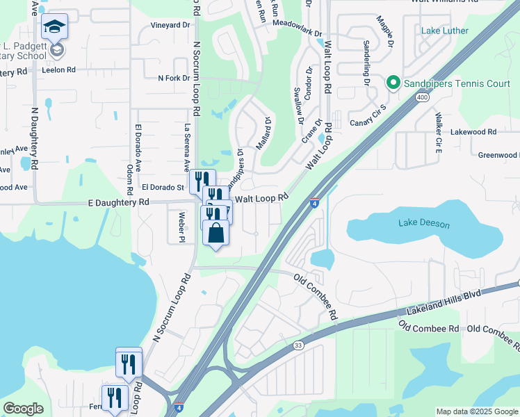 map of restaurants, bars, coffee shops, grocery stores, and more near 5431 Quarry Rock Road in Lakeland