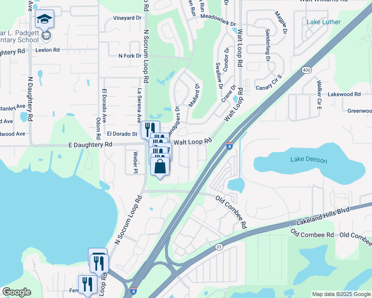 map of restaurants, bars, coffee shops, grocery stores, and more near 5462 River Rock Road in Lakeland