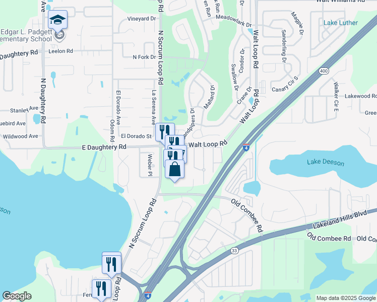 map of restaurants, bars, coffee shops, grocery stores, and more near 5453 Limestone Lane in Lakeland