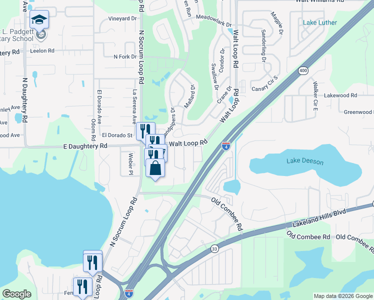 map of restaurants, bars, coffee shops, grocery stores, and more near 5417 Quarry Rock Road in Lakeland