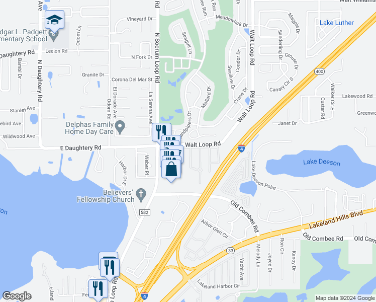 map of restaurants, bars, coffee shops, grocery stores, and more near 5488 Limestone Lane in Lakeland