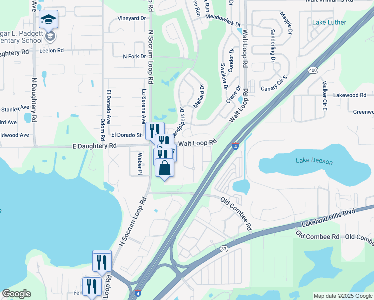 map of restaurants, bars, coffee shops, grocery stores, and more near 5487 Limestone Lane in Lakeland