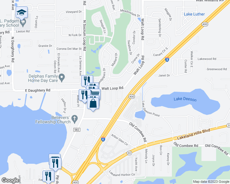 map of restaurants, bars, coffee shops, grocery stores, and more near 5466 Quarry Rock Road in Lakeland