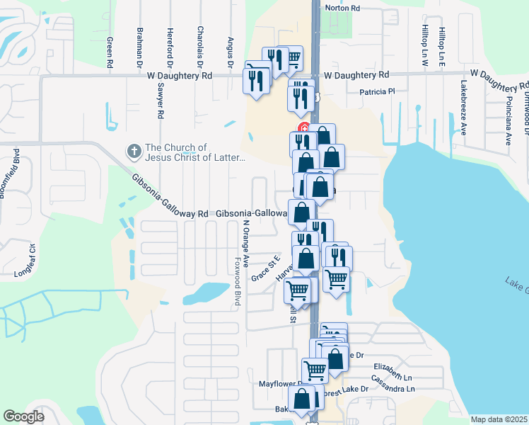 map of restaurants, bars, coffee shops, grocery stores, and more near 1327 Shirley Drive in Lakeland