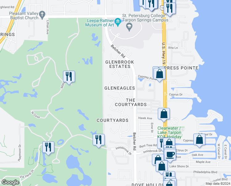 map of restaurants, bars, coffee shops, grocery stores, and more near 1103 Lennox Road West in Palm Harbor