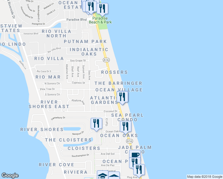 map of restaurants, bars, coffee shops, grocery stores, and more near 95 Pine Tree Drive in Indialantic