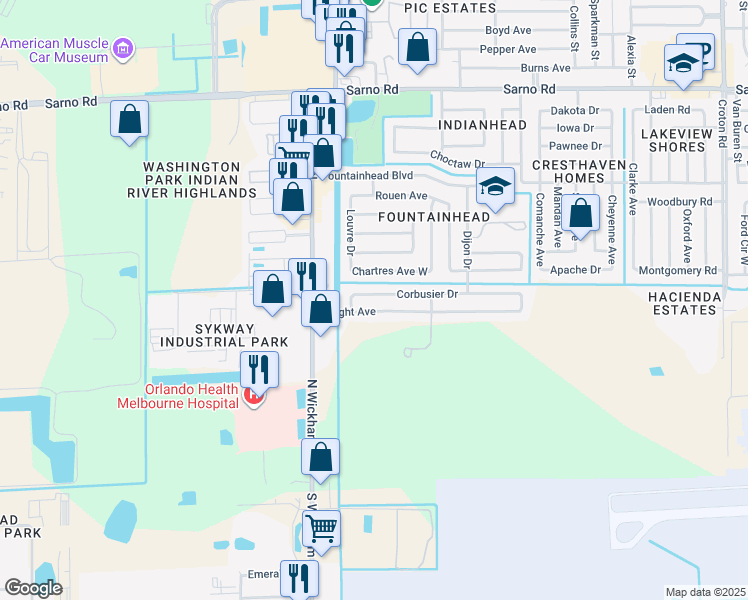 map of restaurants, bars, coffee shops, grocery stores, and more near 2863 Corbusier Drive in Melbourne