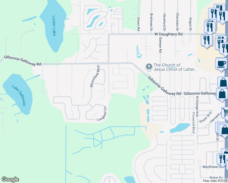 map of restaurants, bars, coffee shops, grocery stores, and more near 2129 Rainbower Drive in Lakeland