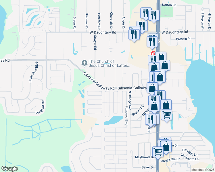 map of restaurants, bars, coffee shops, grocery stores, and more near 1725 Gibsonia-Galloway Road in Lakeland