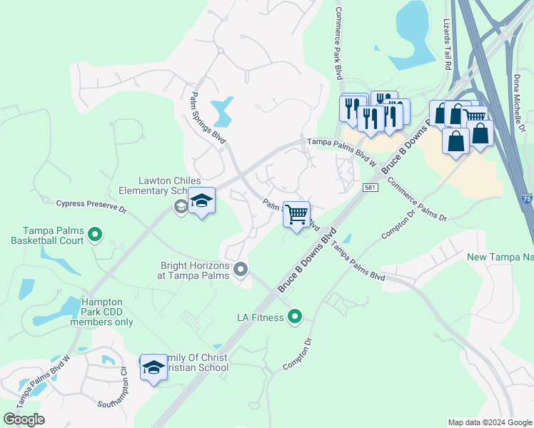 map of restaurants, bars, coffee shops, grocery stores, and more near 5125 Palm Springs Boulevard in Tampa