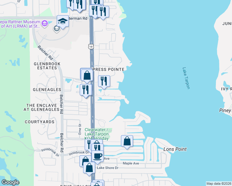 map of restaurants, bars, coffee shops, grocery stores, and more near 2628 Trent Road in Palm Harbor