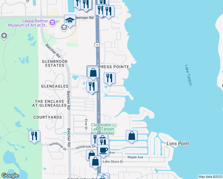 map of restaurants, bars, coffee shops, grocery stores, and more near 37611 US Highway 19 North in Palm Harbor