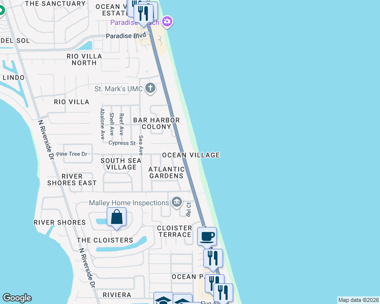 map of restaurants, bars, coffee shops, grocery stores, and more near 1835 North Highway A1A in Indialantic