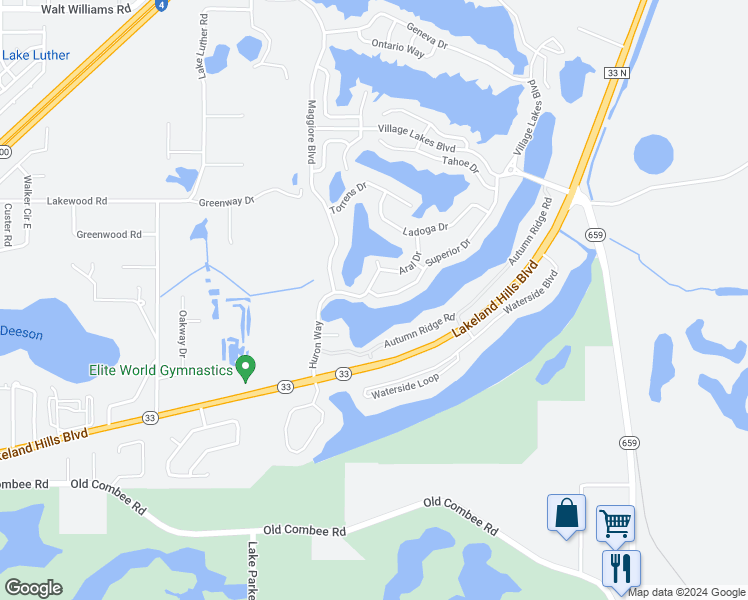 map of restaurants, bars, coffee shops, grocery stores, and more near 5509 Superior Drive in Lakeland