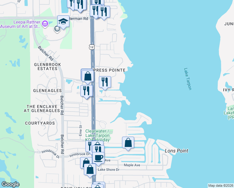 map of restaurants, bars, coffee shops, grocery stores, and more near 2628 Trent Road in Palm Harbor