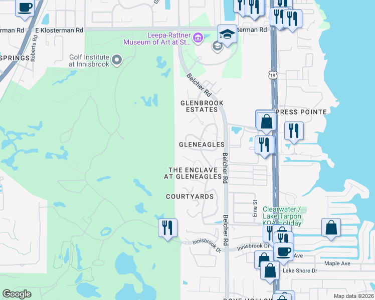 map of restaurants, bars, coffee shops, grocery stores, and more near 601 Lennox Road West in Palm Harbor