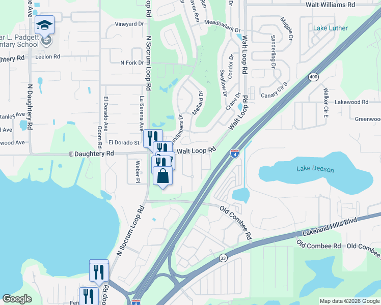 map of restaurants, bars, coffee shops, grocery stores, and more near 678 Cockatoo Loop in Lakeland