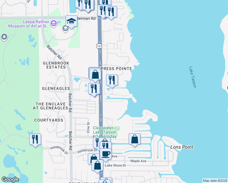map of restaurants, bars, coffee shops, grocery stores, and more near 2595 Cyprus Drive in Palm Harbor