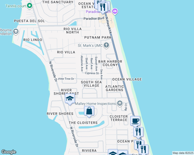map of restaurants, bars, coffee shops, grocery stores, and more near 330 Pine Tree Drive in Indialantic