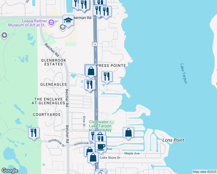 map of restaurants, bars, coffee shops, grocery stores, and more near 37611 US Highway 19 North in Palm Harbor