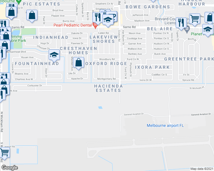 map of restaurants, bars, coffee shops, grocery stores, and more near 54 Piney Branch Way in West Melbourne