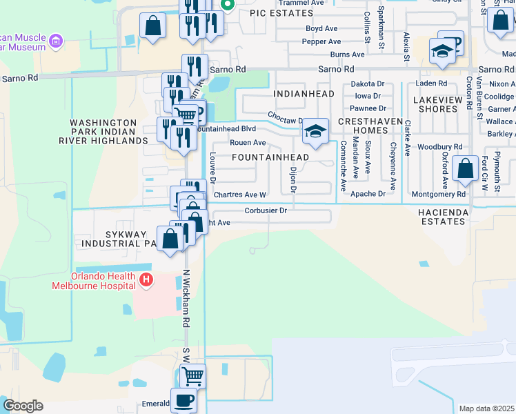 map of restaurants, bars, coffee shops, grocery stores, and more near 2793 Chartres Avenue West in Melbourne