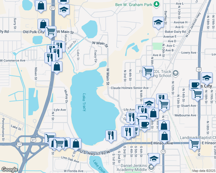 map of restaurants, bars, coffee shops, grocery stores, and more near 334 West Main Street in Haines City