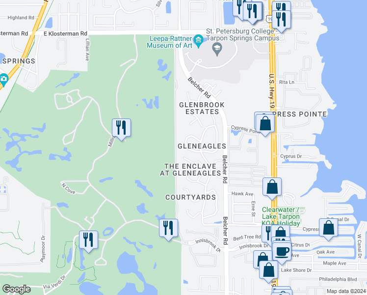 map of restaurants, bars, coffee shops, grocery stores, and more near 601 Lennox Road West in Palm Harbor