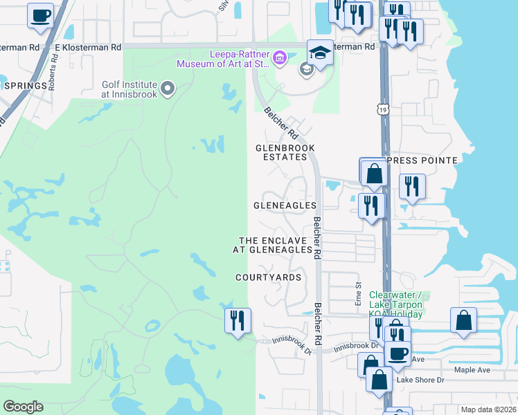 map of restaurants, bars, coffee shops, grocery stores, and more near 601 Lennox Road West in Palm Harbor