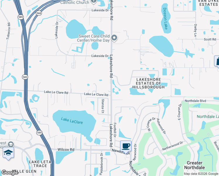 map of restaurants, bars, coffee shops, grocery stores, and more near 5013 Lake Le Clare Road in Lutz
