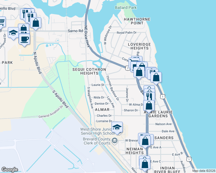 map of restaurants, bars, coffee shops, grocery stores, and more near 599 Laurie Street in Melbourne