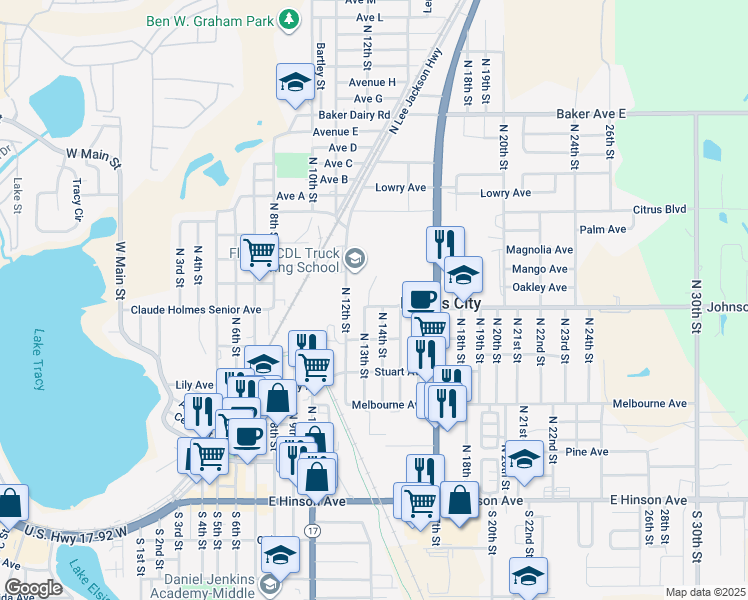 map of restaurants, bars, coffee shops, grocery stores, and more near 501 Hilltop Terrace in Haines City