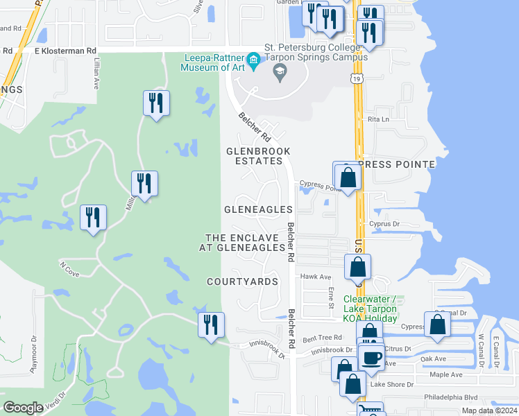 map of restaurants, bars, coffee shops, grocery stores, and more near 2600 Cypress Pond Road in Palm Harbor