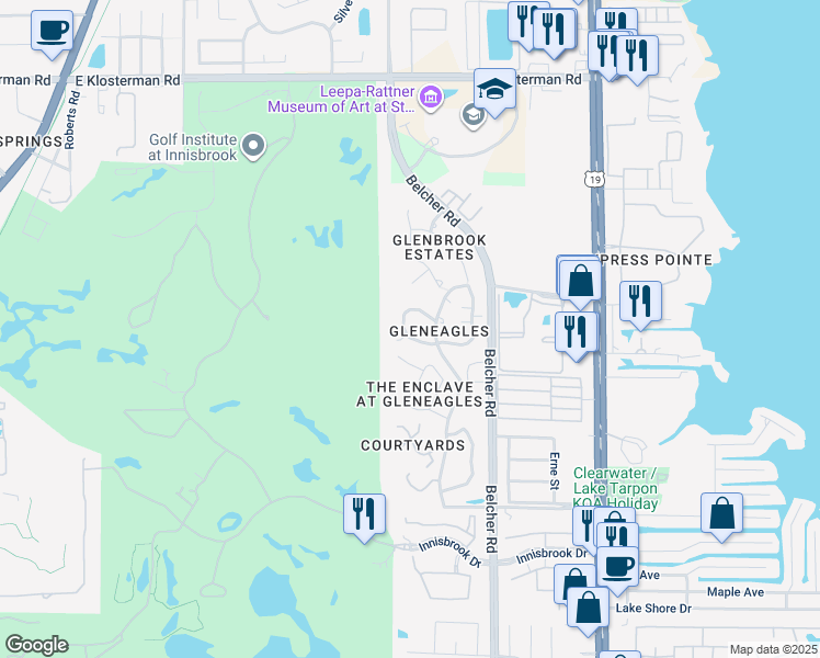 map of restaurants, bars, coffee shops, grocery stores, and more near 601 Lennox Road West in Palm Harbor