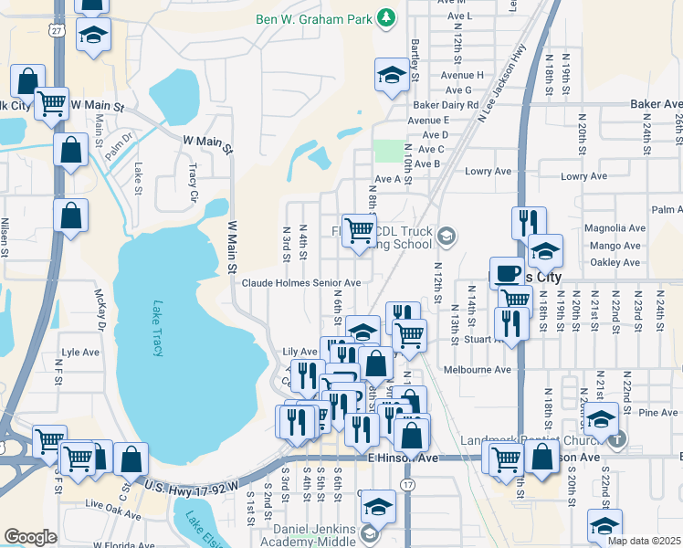 map of restaurants, bars, coffee shops, grocery stores, and more near 507 North 6th Street in Haines City