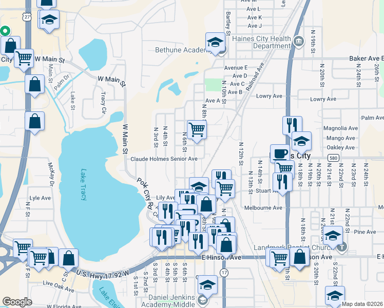 map of restaurants, bars, coffee shops, grocery stores, and more near 504 North 7th Street in Haines City